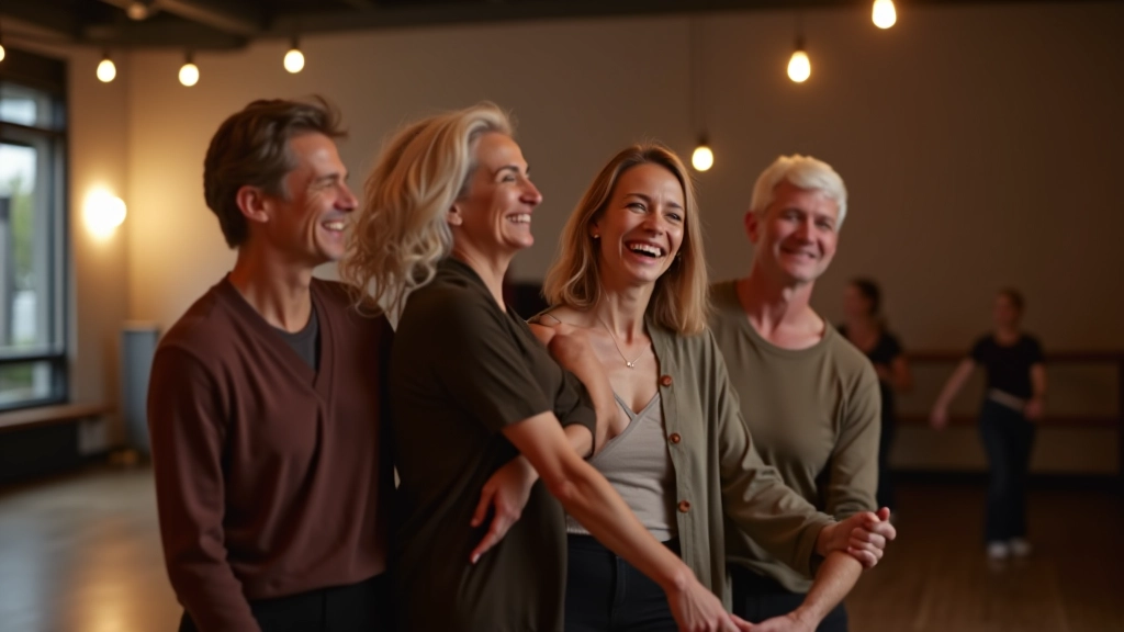 Group of mature adults laughing and socializing after a dance class in a welcoming studio environment