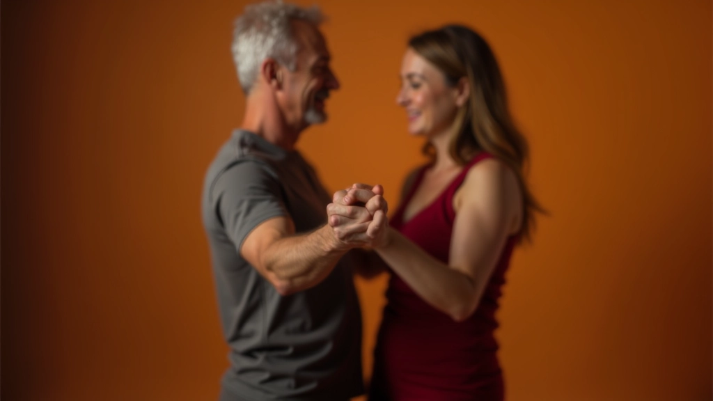 Two mature adults demonstrating proper salsa frame and partnership positioning in a bright studio