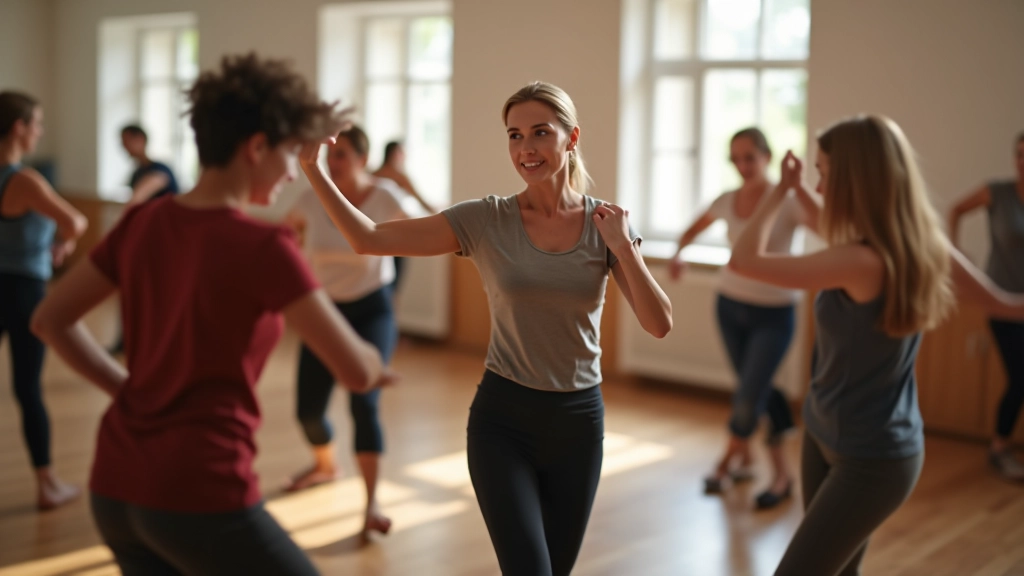 Dance instructor showing hip movement and rhythm patterns to a group of older students in studio
