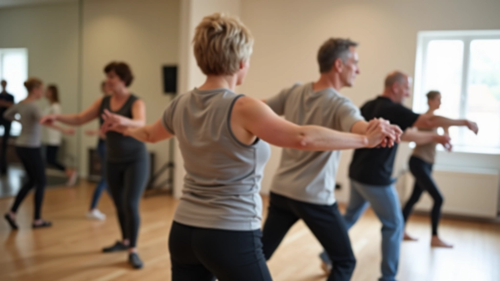 Group of mature beginner dancers practicing the basic step in a bright dance studio