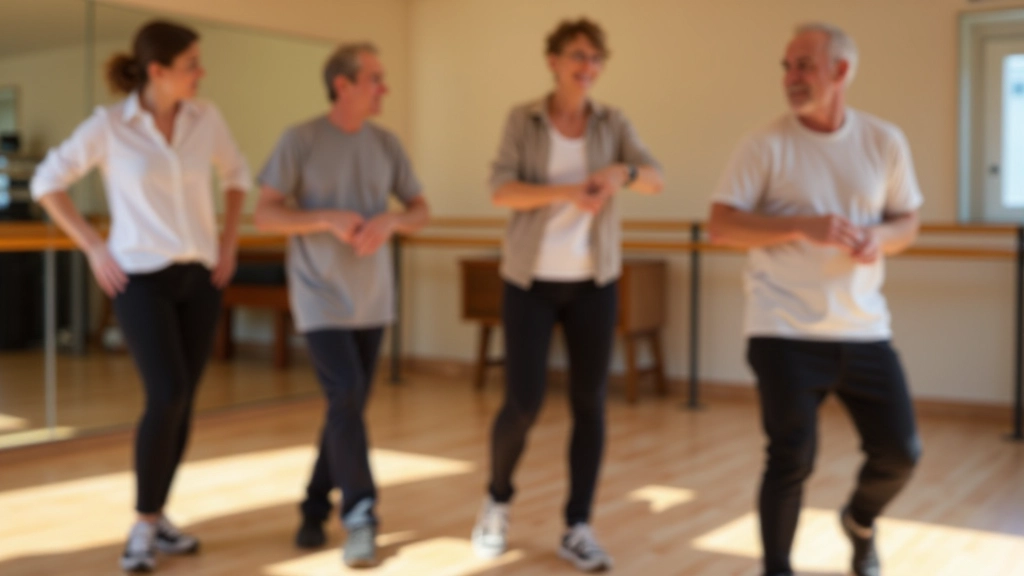 Group of adult students practicing salsa basics together in a welcoming dance studio environment