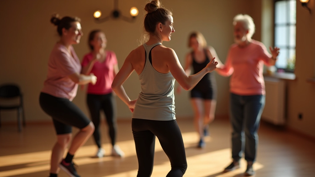Group of mature adult beginners learning basic dance steps together in a supportive class environment