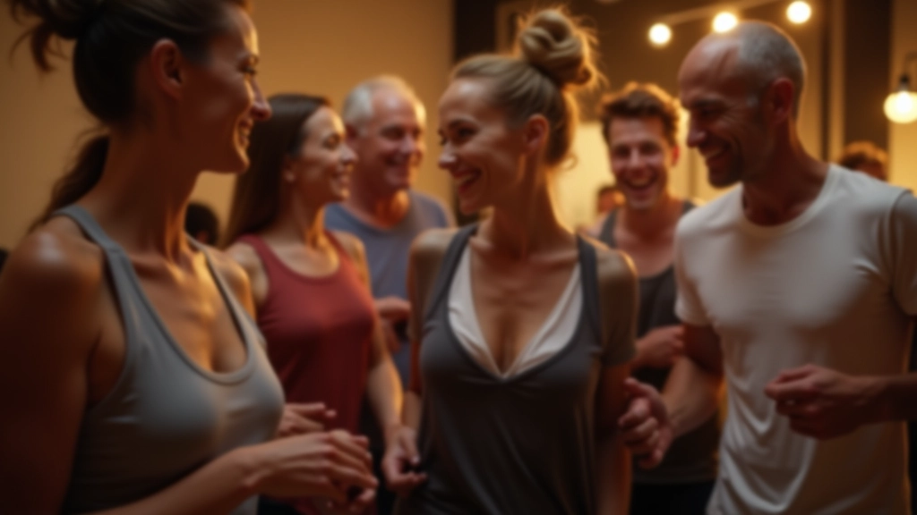 Happy dancers of various ages socializing and smiling together after a dance class session