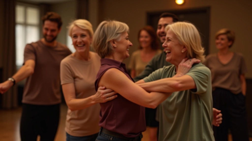 Group of mature adults enjoying time together in a dance studio during a social dance class