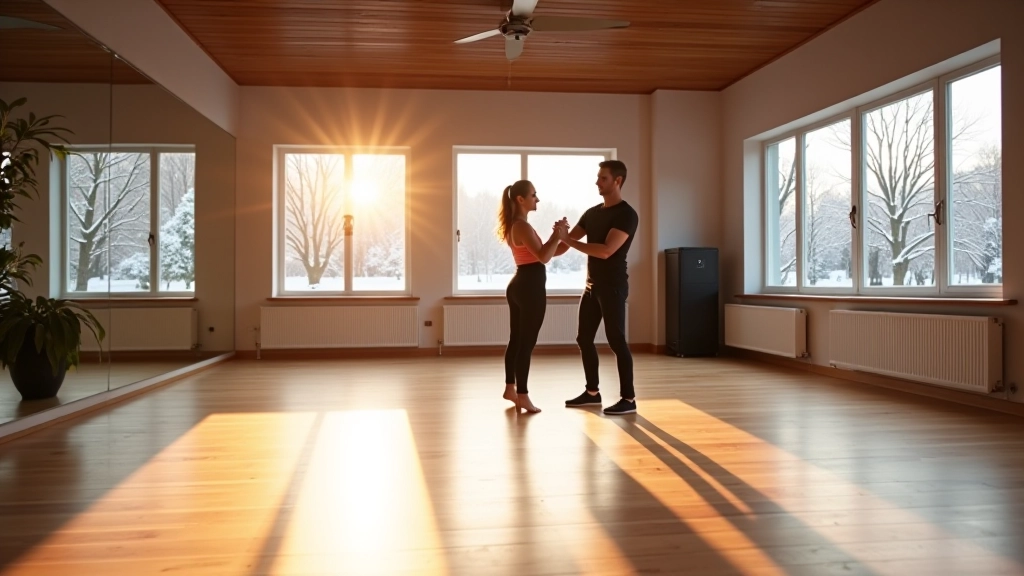 Warm, bright dance studio interior with large windows overlooking snowy Baltic landscape outside