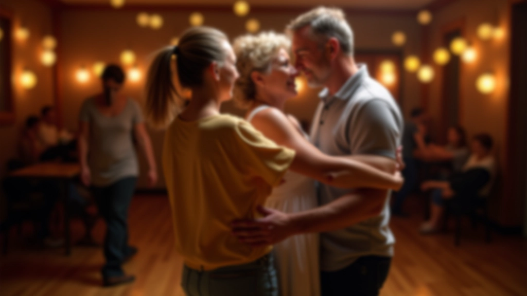 Active mature adults dancing together, smiling and enjoying social connection in warm studio setting