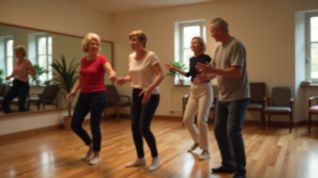 Mature adults learning dance steps in a bright studio with mirrors and wooden floor